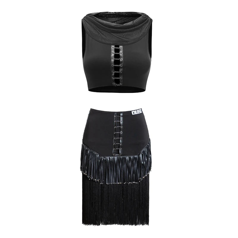 Women's Black Fringe Latin Dance Top and Skirt Set with Lacing Detail, Mesh Neckline