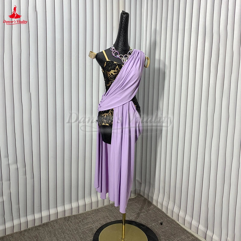 Latin Ballroom Dance Dress AB Rhinestones Light Purple For Adults & Kids Competition Cha Cha Samba Rumba Exam
