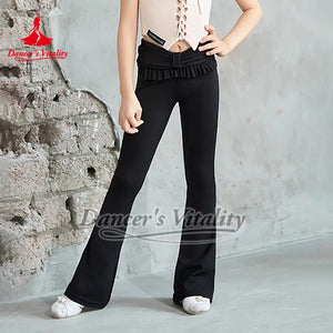 Girls' Pink Halter Crop Top and Grey Bell Bottom Dance Pants Set, Ruffled Waist, Lace-Up Front, Modern Dance