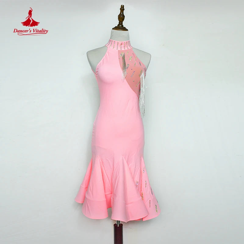 Women's Green Halter Sequin Fringe Latin Dance Dress