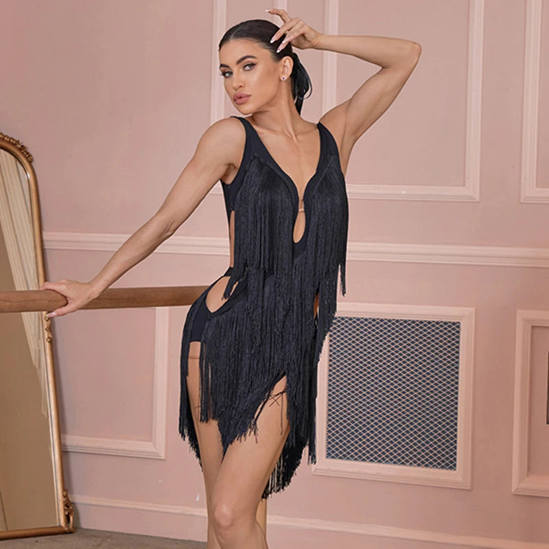 Women's Red, Pink, Black, White Fringe V-Neck Sleeveless Latin Dance Dress