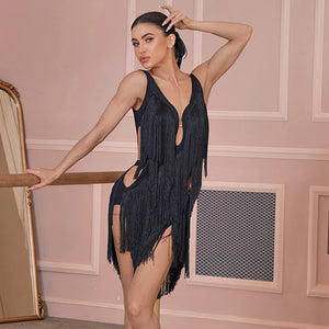 Women's Red, Pink, Black, White Fringe V-Neck Sleeveless Latin Dance Dress