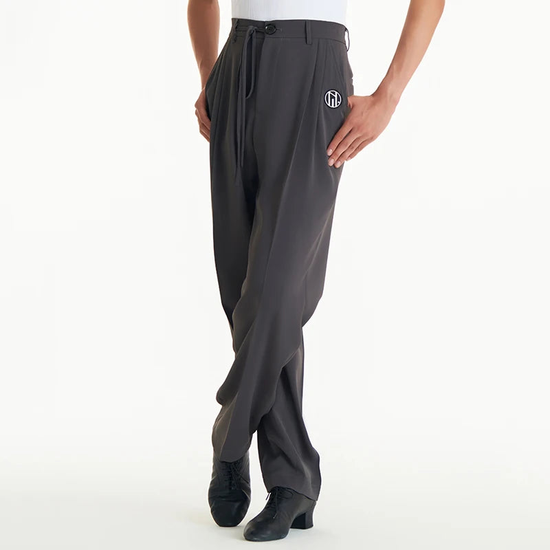Dance Pants Men's Black Drawstring Pleated Logo Detail Loose Fit Ballroom Latin