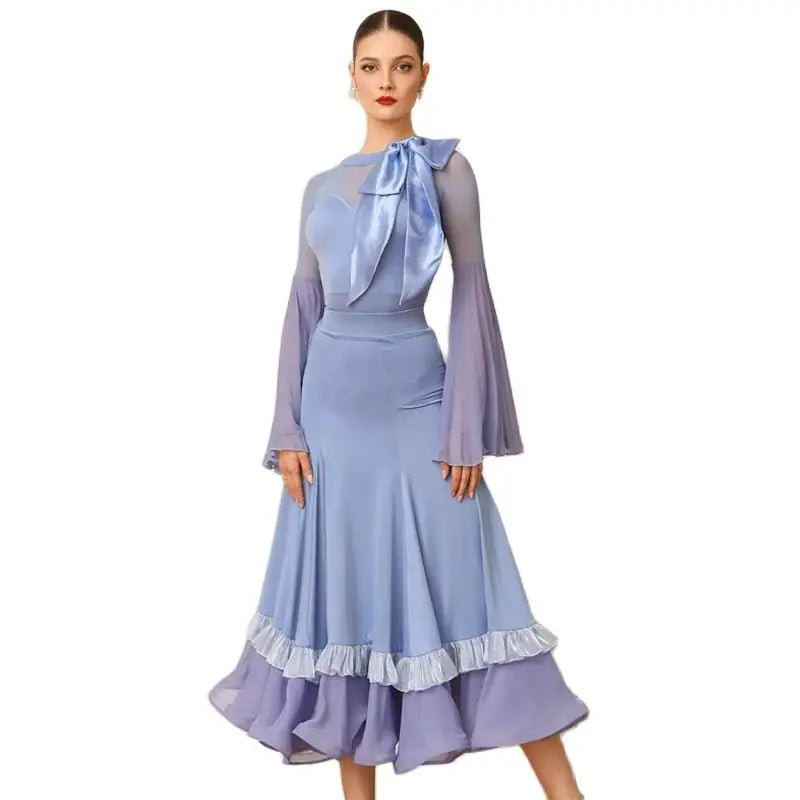 Women's Blue Mesh Bell Sleeve Ballroom Dance Dress with Satin Bow & Ruffled Hem
