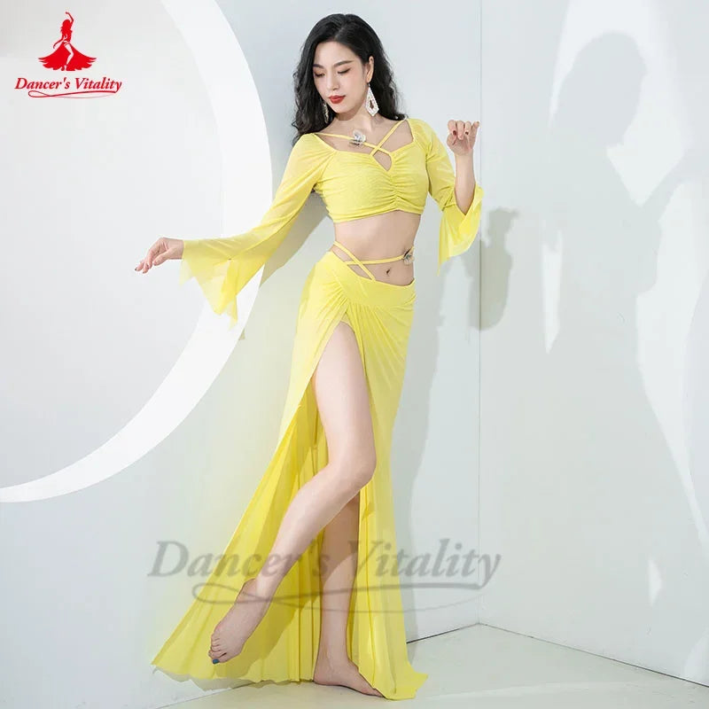 Belly Dance Costume Women Peach Long Sleeve Crop Top with Flared Sleeves and High Slit Skirt
