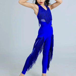 Kids Girls Blue Fringe Latin Dance Jumpsuit, Black Halter Mesh Fringe Dance Jumpsuit, Kids Girls Pink Fringe Latin Dance Jumpsuit