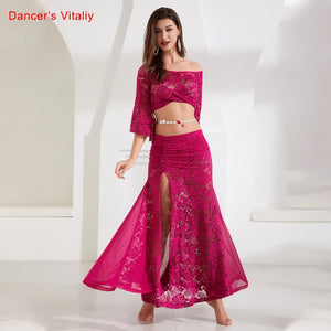 Women's Fuchsia Lace Bell Sleeve Crop Top and Mermaid Skirt Set - Belly Dance