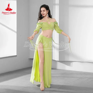 Belly Dance Costume Women Light Blue Chiffon Off-Shoulder Crop Top & High Slit Skirt Set for Oriental Dance Performance