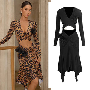 Women's Leopard Print Long Sleeve Cutout Ruched Asymmetrical Hem Latin Dance Dress