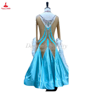 Ballroom Dance Dress Women's Light Blue Mesh Rhinestone Feather Modern Waltz Dance Competition Gown