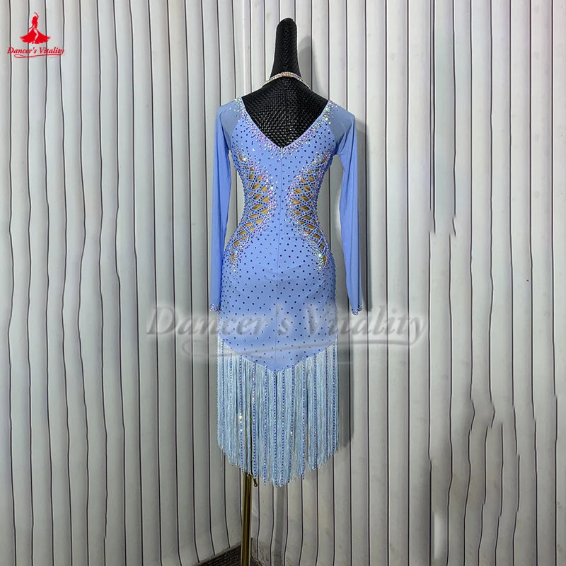 Latin Ballroom Dance Dress With AB Rhinestones, Long Sleeves And Tassels For Adults And Kids Performance