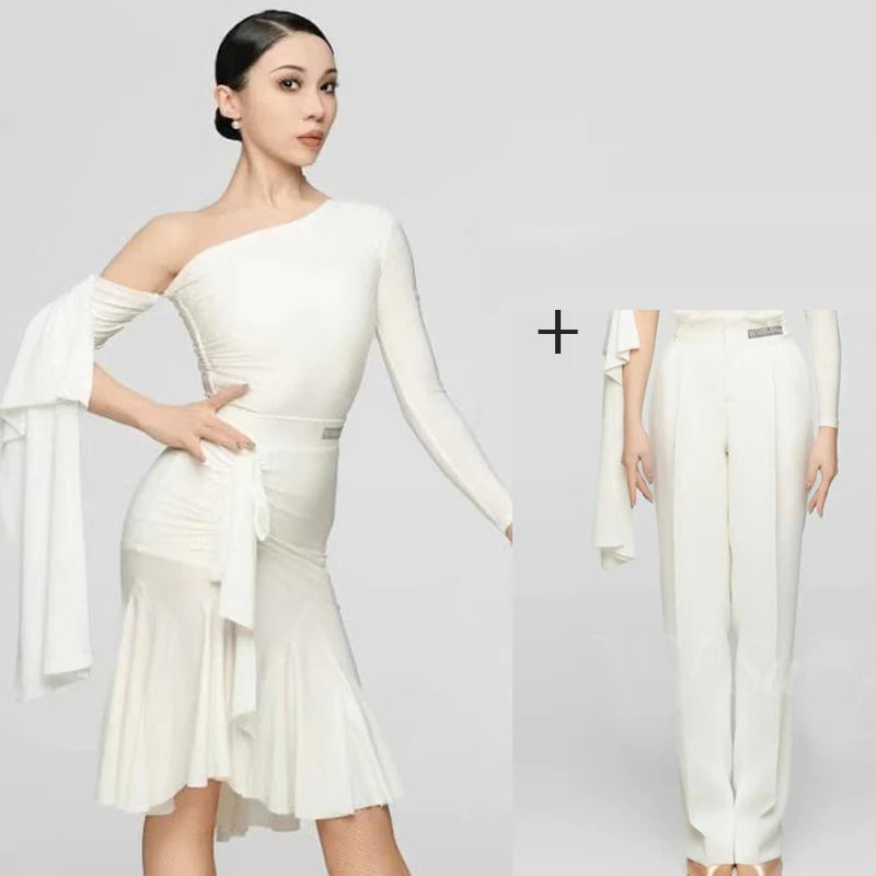 Women's Black & White One-Shoulder Ruched Latin Dance Dress with Flowing Sleeves