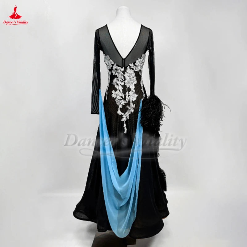 Ballroom Competition Dress With Long Sleeves V-Back For Waltz Foxtrot Quickstep Custom Adult & Child