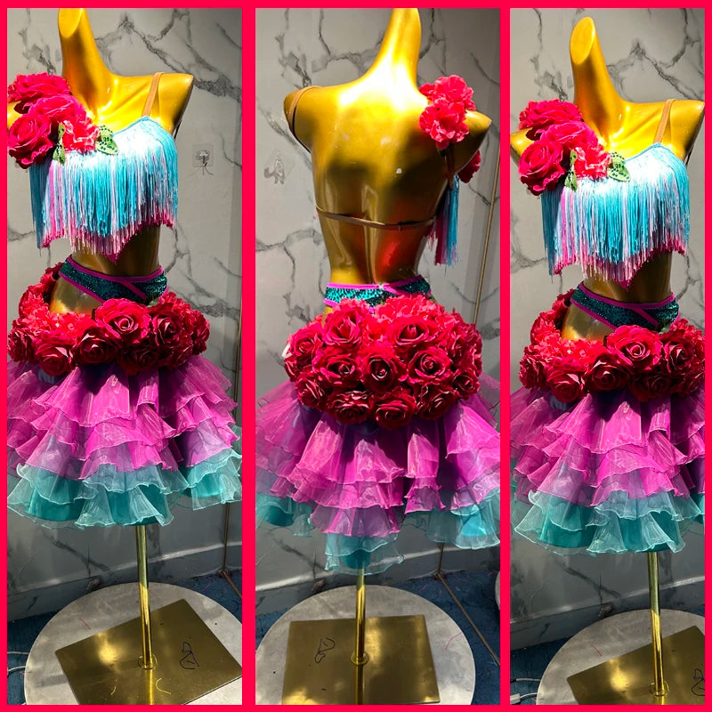 Women's Pink & Blue Fringe & Ruffle Latin Dance Dress with Red Roses
