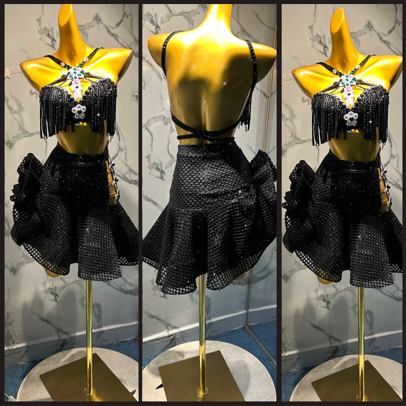 Women's Black Sequin Fringe Halter Latin Dance Dress with Ruffled Skirt