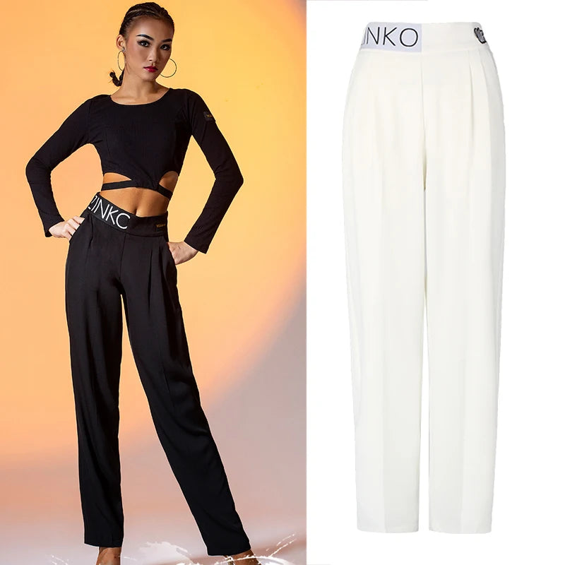 Women's Black Cut-Out Long Sleeve Crop Top and Pleated Wide Leg Dance Pants Set, Pinko Branded