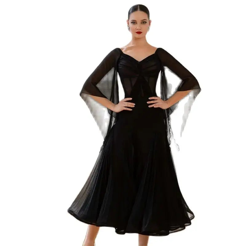 Women's Black Mesh & Chiffon Ballroom Dance Dress with Bell Sleeves