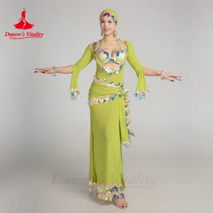 Belly Dance Costume Women's Lime Green Sequin Embellished Long Sleeve Bra Top & Skirt Set for Performance