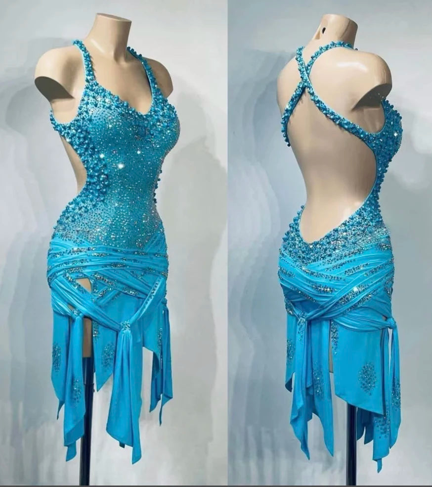 Latin Dance Dress Women's Aqua Blue Rhinestone Halter Neck Backless Fringe Performance Dress