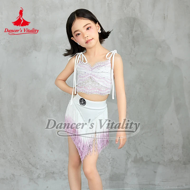 Girls White & Pink Sequin Fringe Latin Dance Dress, Spaghetti Strap Crop Top & Asymmetrical Skirt Set