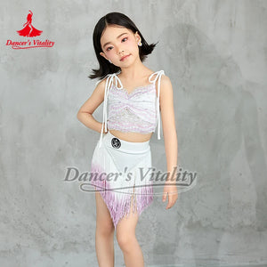 Girls White & Pink Sequin Fringe Latin Dance Dress, Spaghetti Strap Crop Top & Asymmetrical Skirt Set