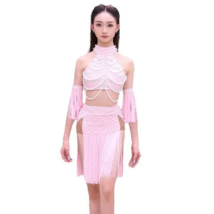Women's Pink Sequin Pearl Fringe Halter Crop Top and Skirt Latin Dance Costume