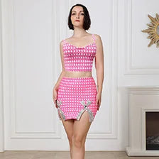 Pink Rose Jacquard Houndstooth Two-piece Set with Sequin Accents