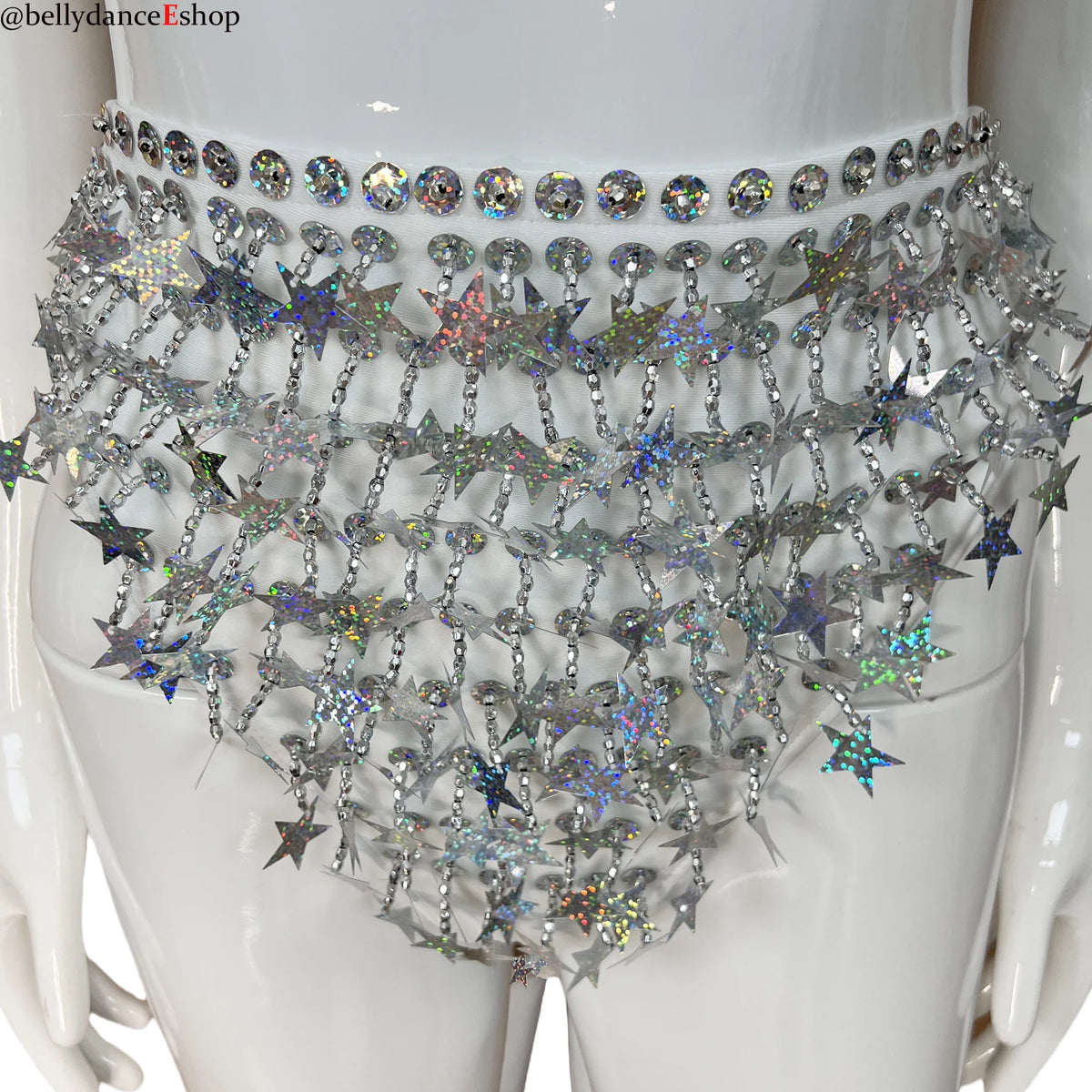 Belly Dance Women's White Sequin Star Halter Top and High-Waisted Briefs Set, Performance & Practice Wear