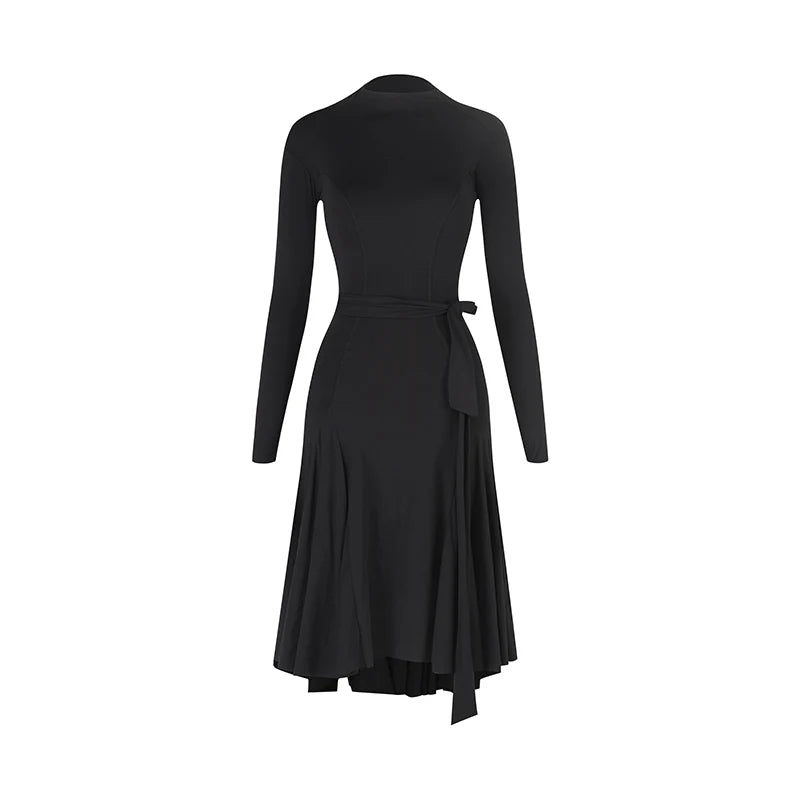 Women's Leopard Print Long Sleeve High Neck Latin Dance Dress with Black Tie-Waist, Asymmetrical Hem