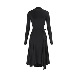 Women's Leopard Print Long Sleeve High Neck Latin Dance Dress with Black Tie-Waist, Asymmetrical Hem