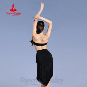 Latin Dance Dress Women's Black & Animal Print Fringe Halter Top, Sleeveless, Asymmetrical Hem, Polyester Blend, Rumba, Cha Cha, Samba