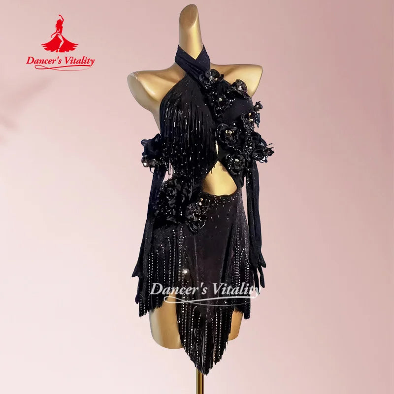 Women's Red Sequin Fringe Halter Latin Dance Dress with Floral Embellishments