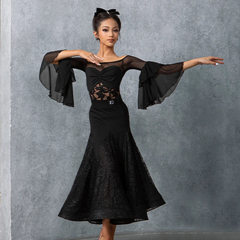 Women's Black Lace Ballroom Dance Dress with Bell Sleeves