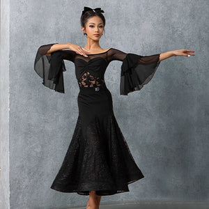 Women's Black Lace Ballroom Dance Dress with Bell Sleeves
