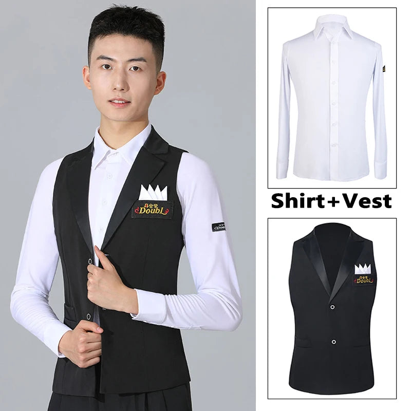 Men's White Long Sleeve Ballroom Dance Shirt with Black Vest, Latin Dance