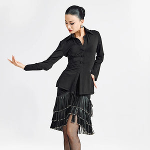 Women's Black Long Sleeve Button-Front Dance Shirt with Tiered Fringe Latin Skirt