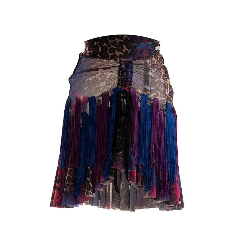 Women's Leopard Print Mesh Long Sleeve Bodysuit with Fringe Skirt Latin Dancewear