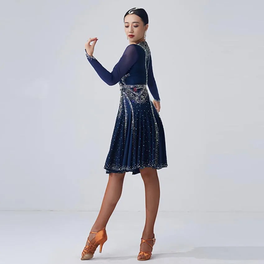 Women's And Girls Latin Ballroom Competition Dress With Rhinestones Chinese Style For Performance
