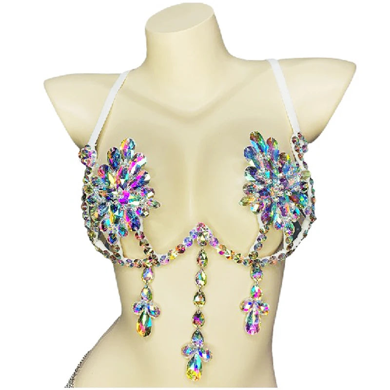 Dance Bra, Women's White Iridescent Crystal Rhinestone Embellished Halter Top, Belly Dance