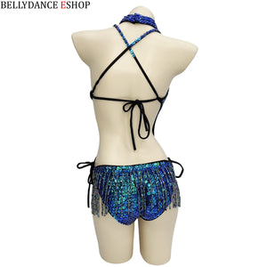 Belly Dance Leotard, Women's, Blue Sequin & Beaded Fringe Halter Neck, Belly Dance