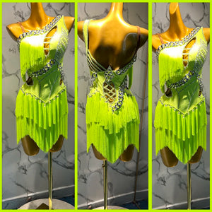 Women's Neon Green Fringe Chain Rhinestone One-Shoulder Latin Dance Dress