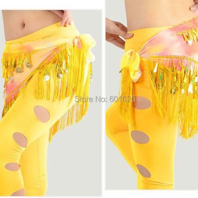 Belly Dance Hip Scarf, Women's Blue Tie-Dye Fringe & Sequin Coin Belt, Asymmetrical Tassel Skirt for Tribal Fusion & Practice