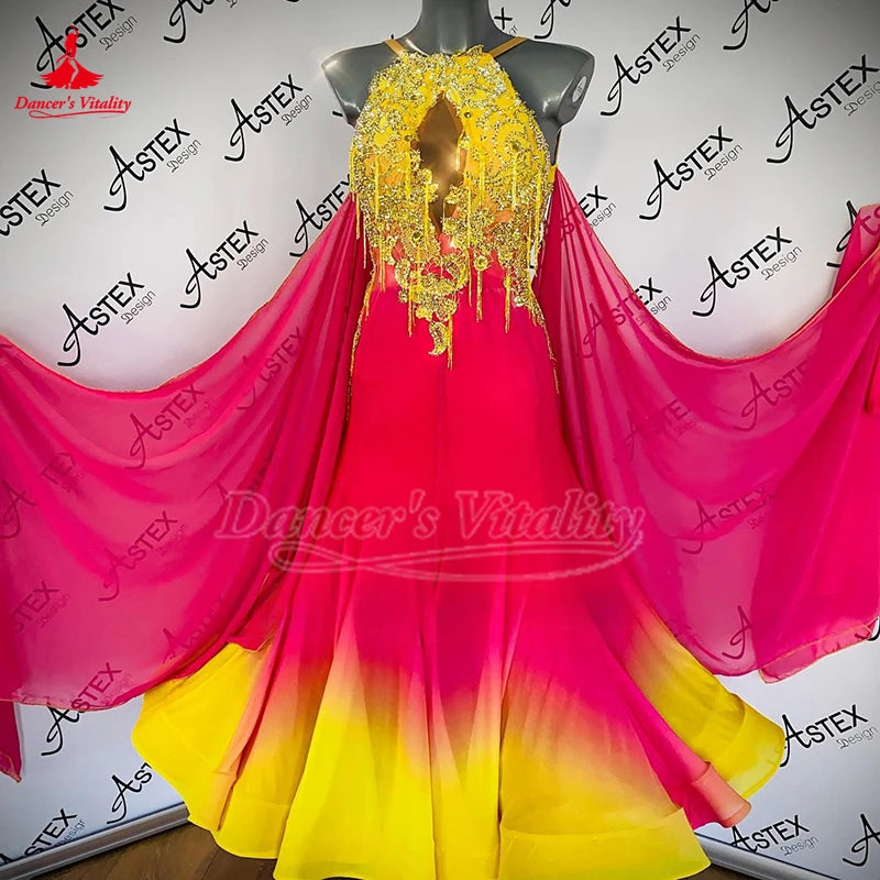 Women's Ballroom Dance Dress Sleeveless Chiffon Ombre Full Skirt For Waltz Foxtrot Competition