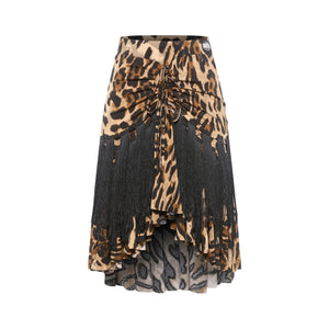 Women's Black Chiffon Batwing Sleeve Top with Leopard Print Fringe Latin Dance Skirt