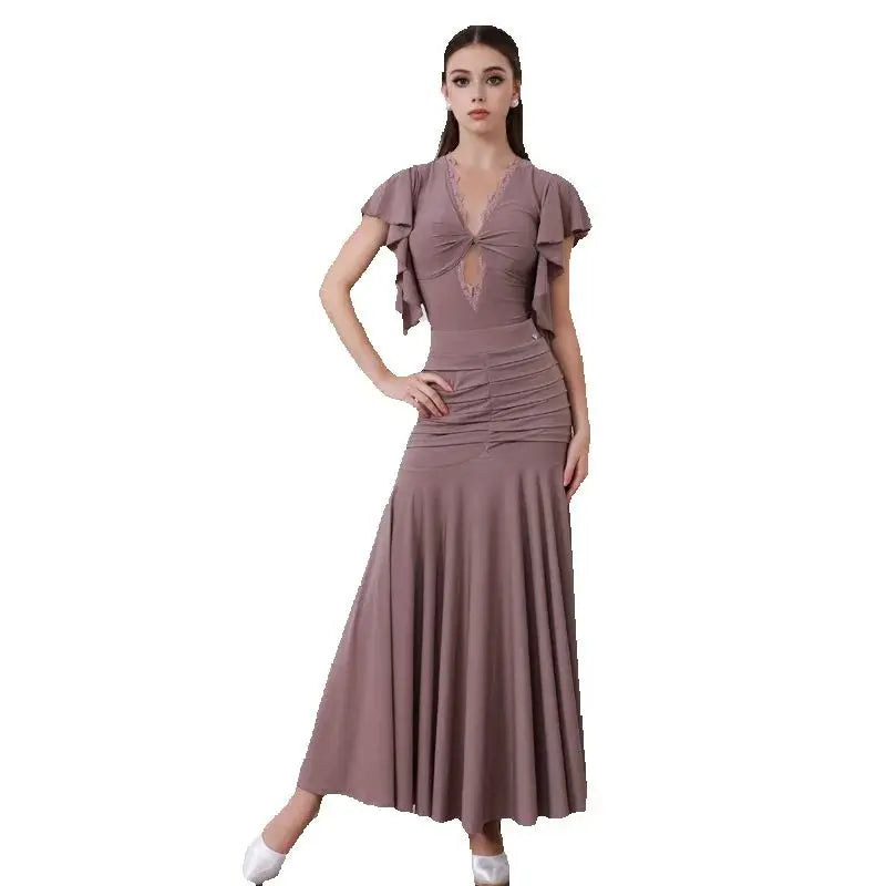 Women's Brown V-Neck Ruffle Sleeve Ruched Ballroom Dance Dress, Women's Black V-Neck Ruffle Sleeve Lace Pleated Hem Ballroom Dance Dress