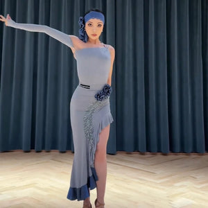 Women's Blue Ruffled Asymmetrical Hem Latin Dance Dress with Headband, Arm Sleeve & Floral Detail