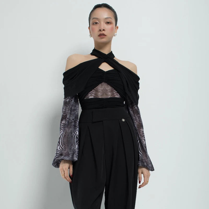 Women's Black Halter Off-Shoulder Ruched Mesh Top with Zebra Print Sleeves, Contemporary Dance