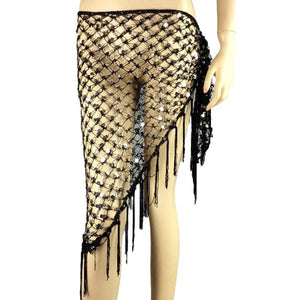 Women's Blue Sequin Mesh Fringe Belly Dance Hip Scarf