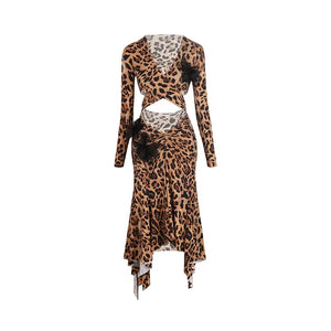 Women's Black & Leopard Print Long Sleeve Cutout Floral Applique Asymmetrical Hem Latin Dance Dress
