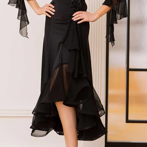 Ballroom Dance Dress Women's Yellow Mesh Ruffle Sleeve Asymmetrical Skirt, Ballroom Dance Dress Women's Black Mesh Ruffle Sleeve Asymmetrical Skirt